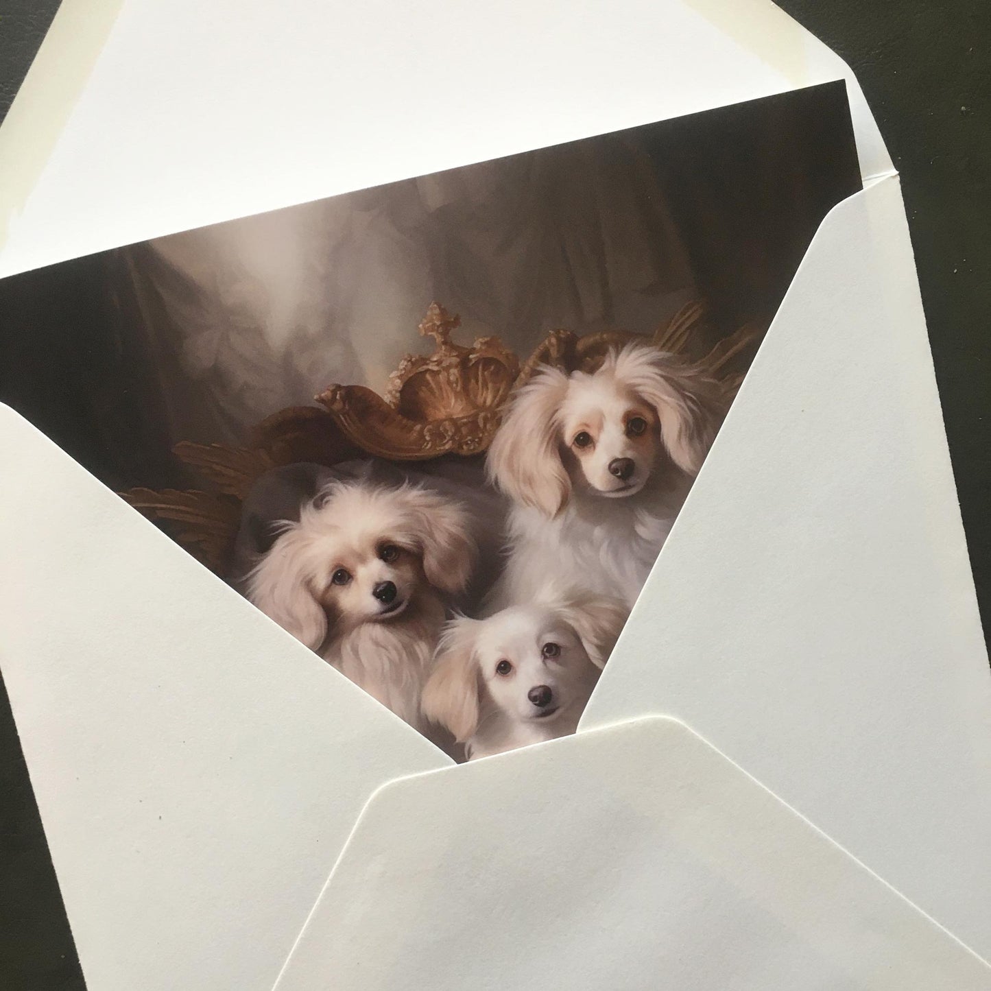 One of Flynn's 'Matchmaker Dog' greeting card designs. Each card comes with an envelope. Detail.