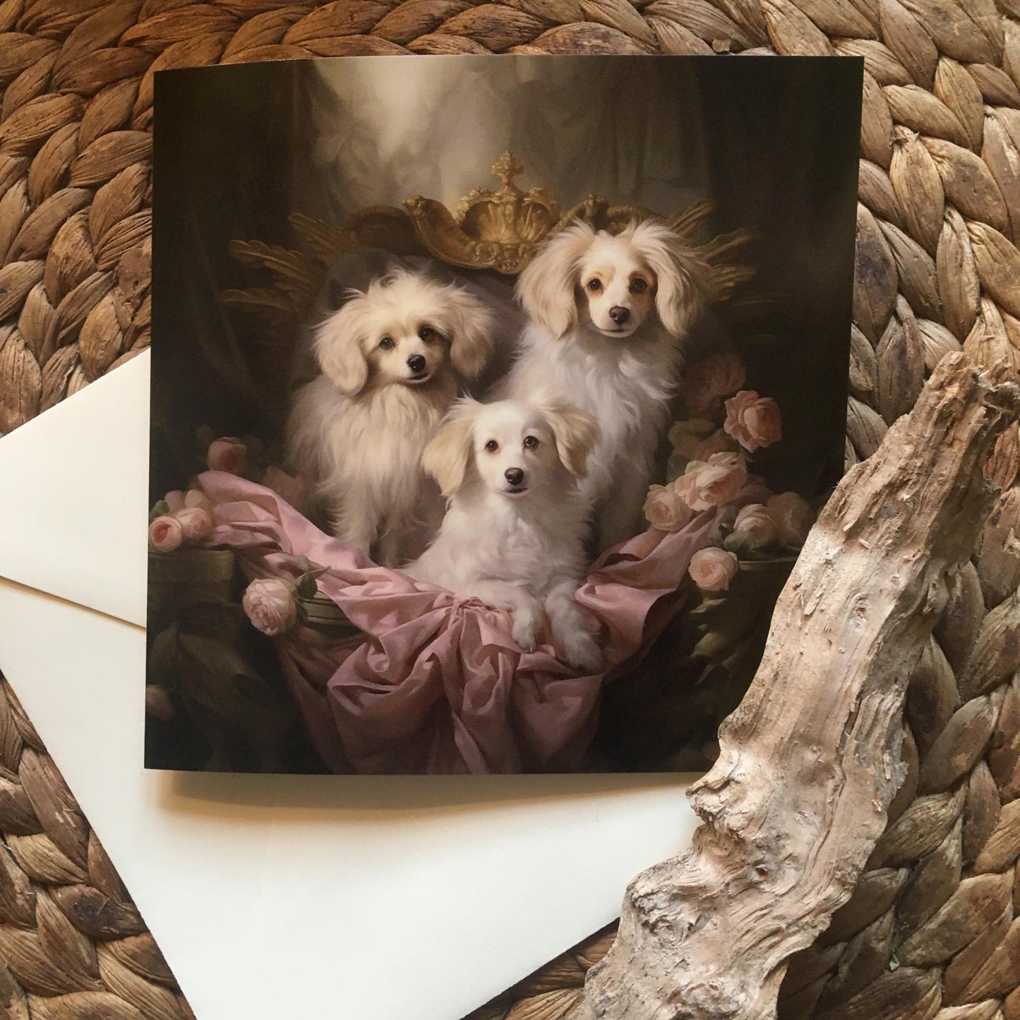One of Flynn's 'Matchmaker Dog' greeting card designs. Each card comes with an envelope. Detail.