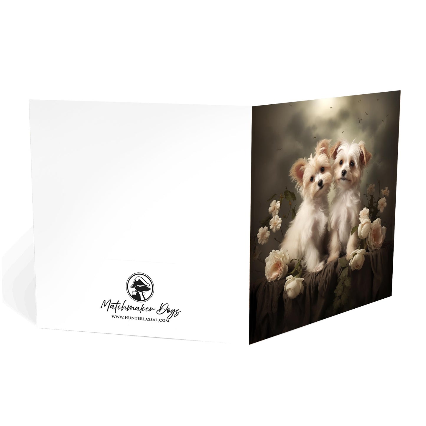 One of Flynn's 'Matchmaker Dog' greeting card designs. Each card comes with an envelope. Detail.