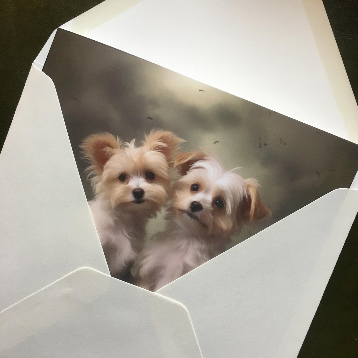One of Flynn's 'Matchmaker Dog' greeting card designs. Each card comes with an envelope. Detail.