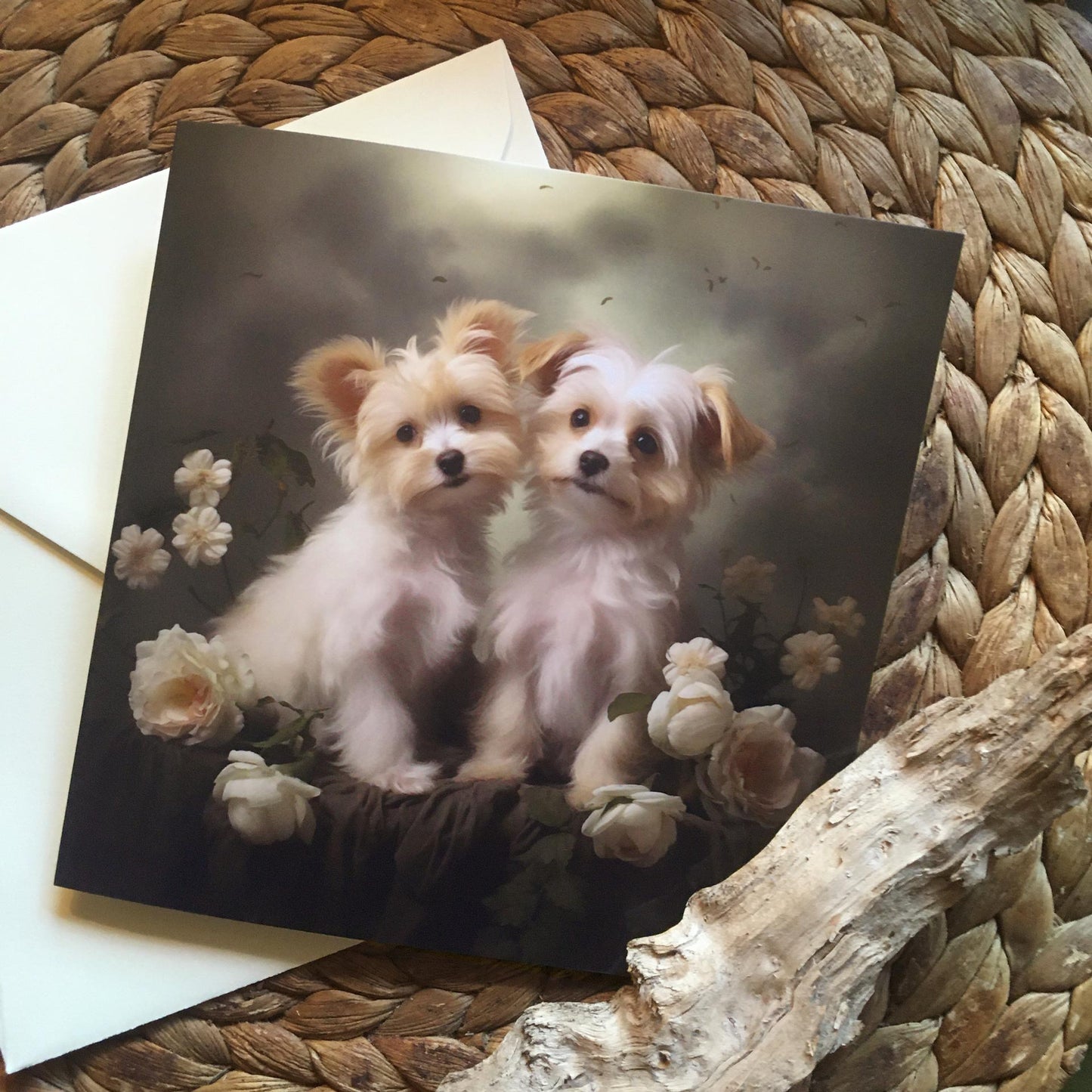 One of Flynn's 'Matchmaker Dog' greeting card designs. Each card comes with an envelope. Detail.