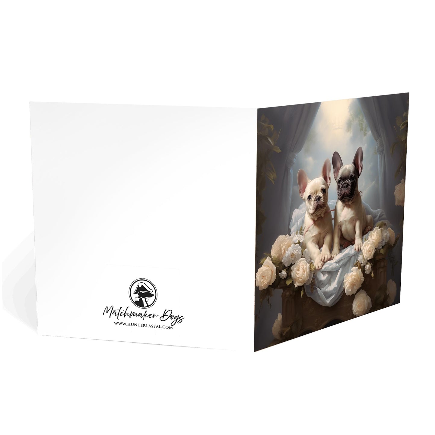 One of Flynn's 'Matchmaker Dog' greeting card designs. Each card comes with an envelope. Detail.