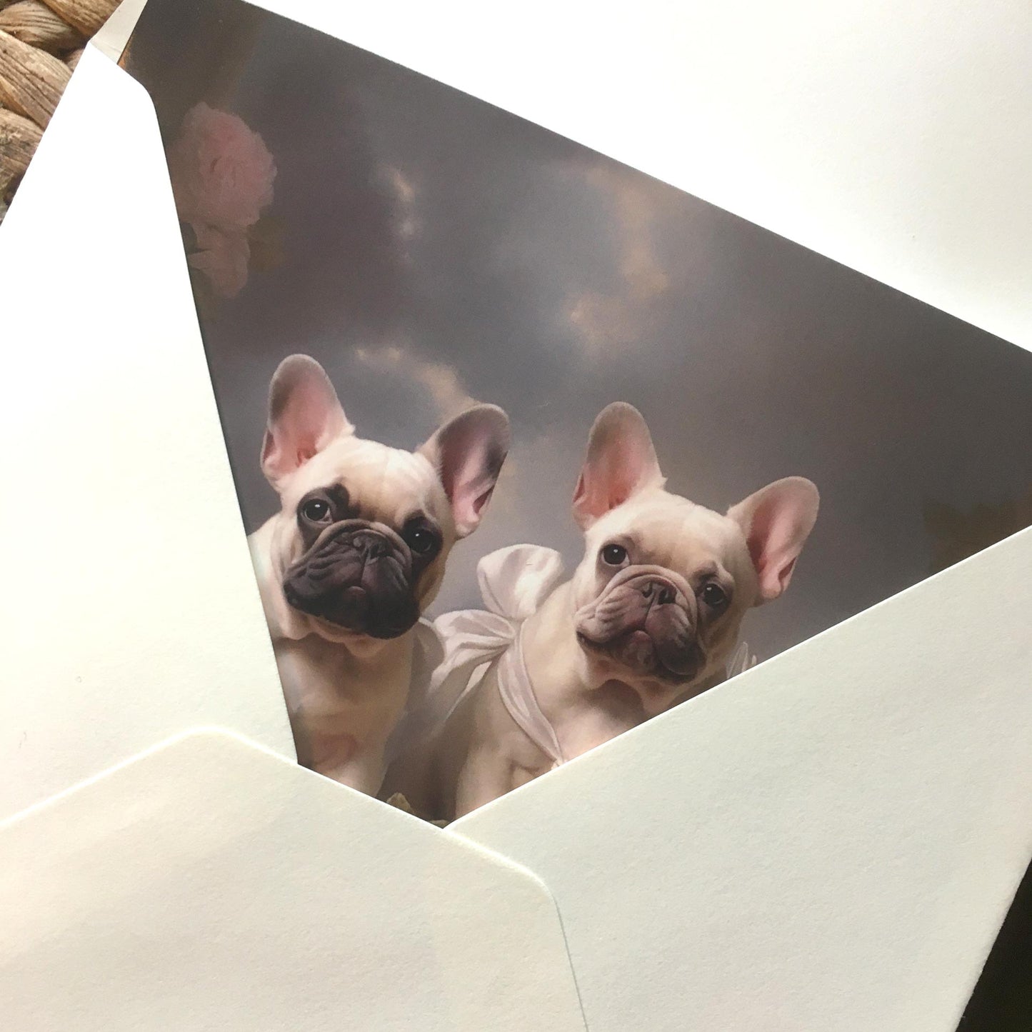 One of Flynn's 'Matchmaker Dog' greeting card designs. Each card comes with an envelope. Detail.