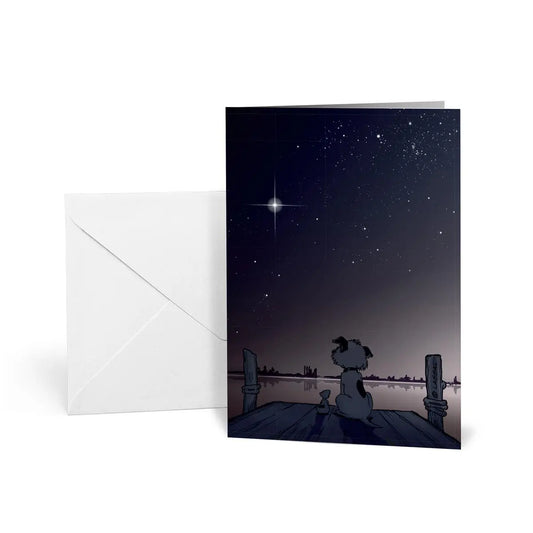 Whenever Little Hunterman mourns the loss of a loved one it hurts quite badly. Yet, in the process, whenever he manages to look up, he finds comfort in the bright light of a new and beautiful "Mourning Star" (A6 greeting card with envelope, standing)