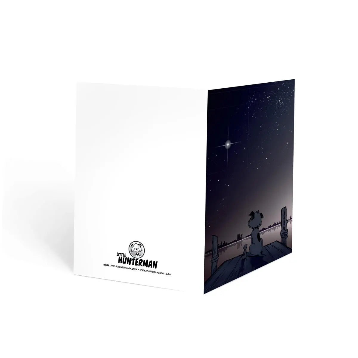 Whenever Little Hunterman mourns the loss of a loved one it hurts quite badly. Yet, in the process, whenever he manages to look up, he finds comfort in the bright light of a new and beautiful "Mourning Star" (A6 greeting card, standing, open, outside pages)