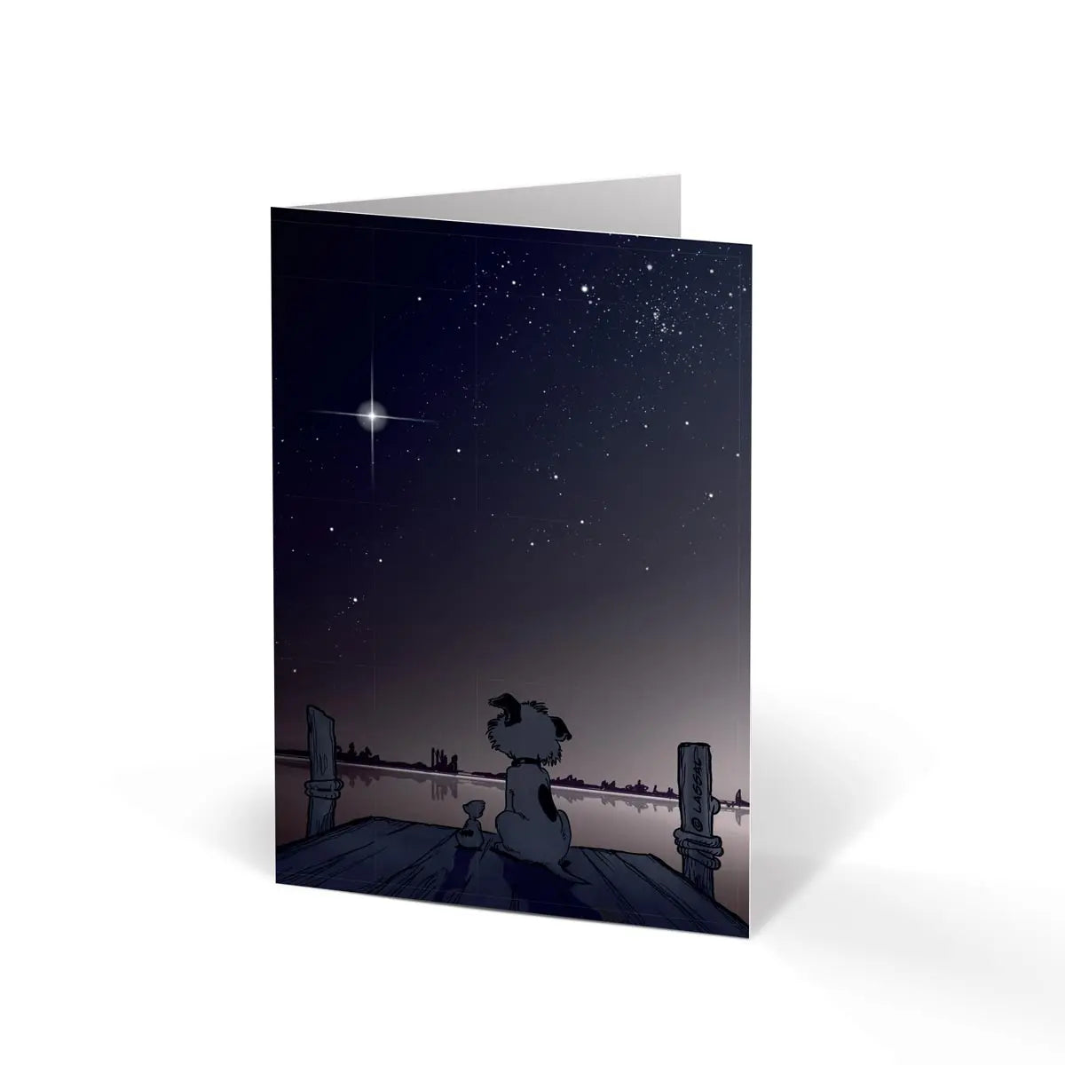 Whenever Little Hunterman mourns the loss of a loved one it hurts quite badly. Yet, in the process, whenever he manages to look up, he finds comfort in the bright light of a new and beautiful "Mourning Star" (A6 greeting card, standing, closed)