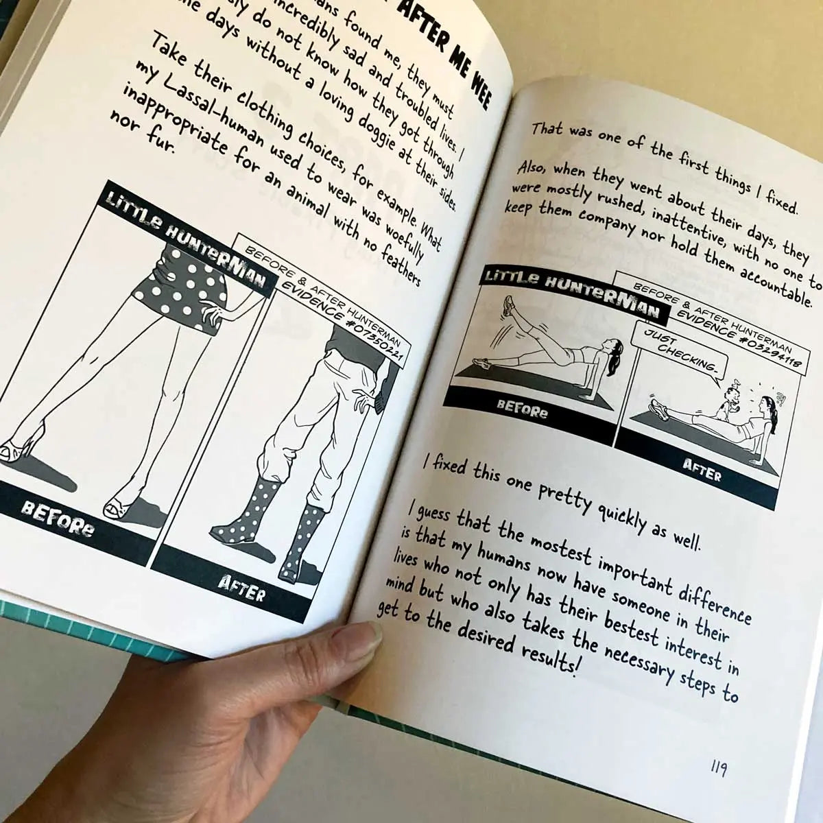 The Big World According to Little Hunterman by Hunter Lassal, premium edition hardcover with black and white illustrations on white, coated paper. This image shows a hand holding an open book agains a light background, giving you an impression of the layout and illustration style.