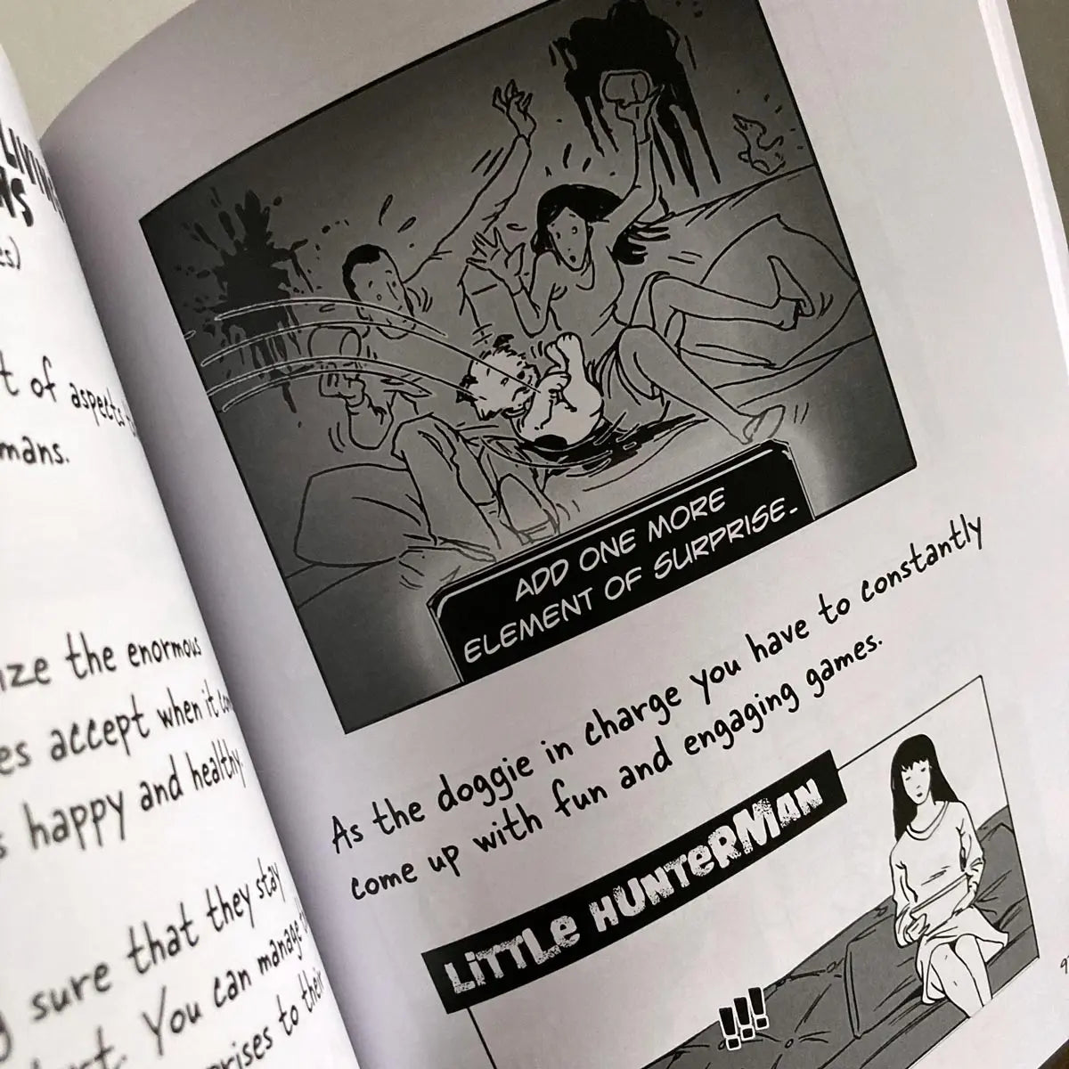 The Big World According to Little Hunterman by Hunter Lassal is a premium edition hardcover with black-and-white illustrations on white, coated paper. This image shows an open book against a light background, giving you an impression of this fun dog memoir's layout and illustration style.
