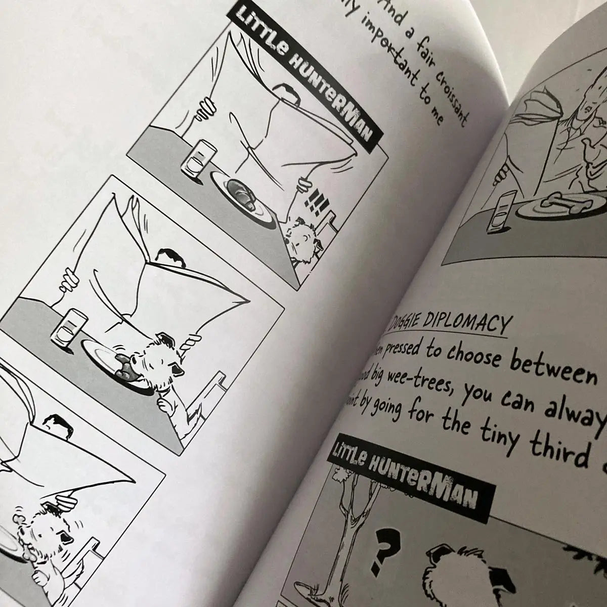 The Big World According to Little Hunterman by Hunter Lassal is a premium edition hardcover with black-and-white illustrations on white, coated paper. This image shows an open book against a light background, giving you an impression of this fun dog memoir's layout and illustration style.