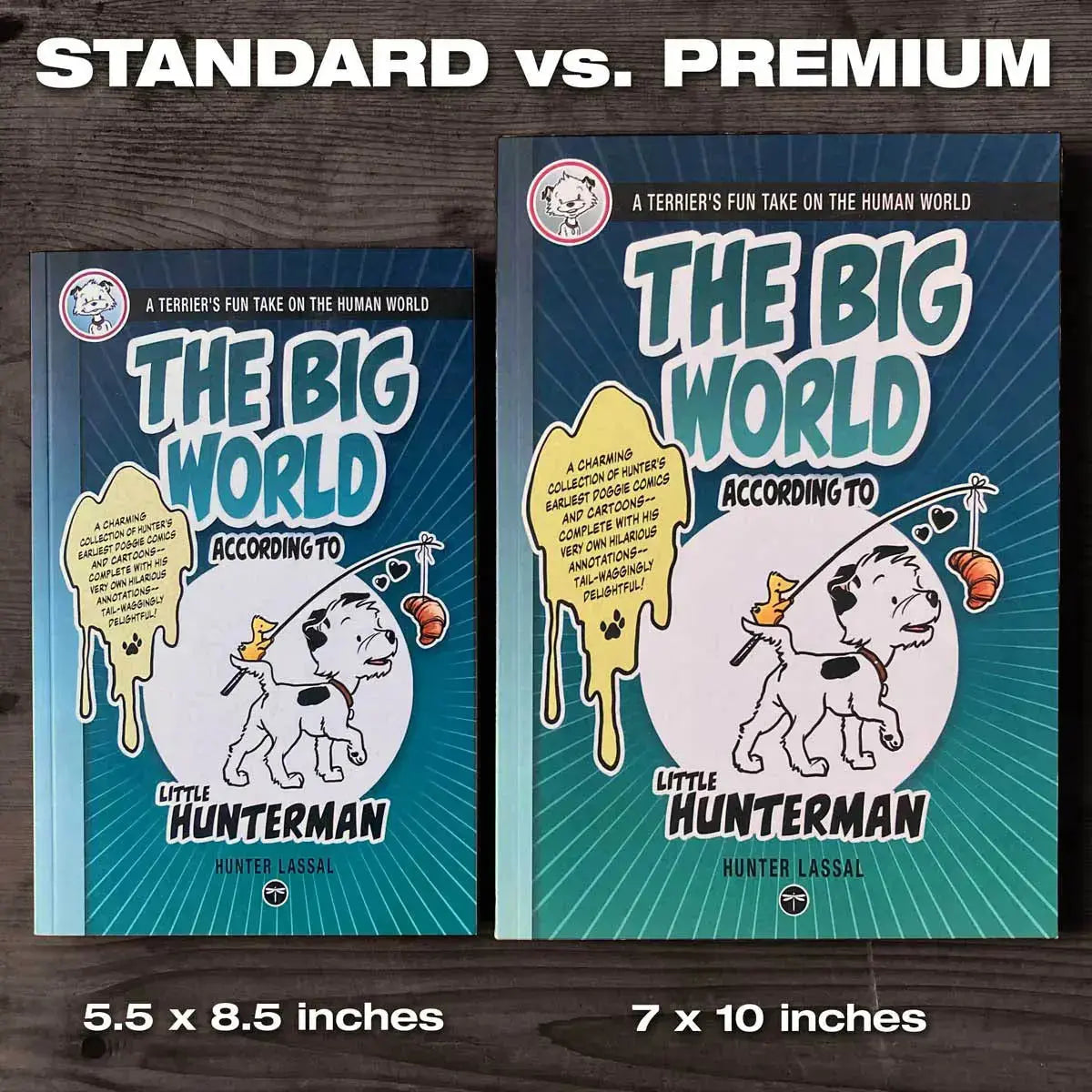 Size comparison between the standard and the premium versions of the Hunterman books.