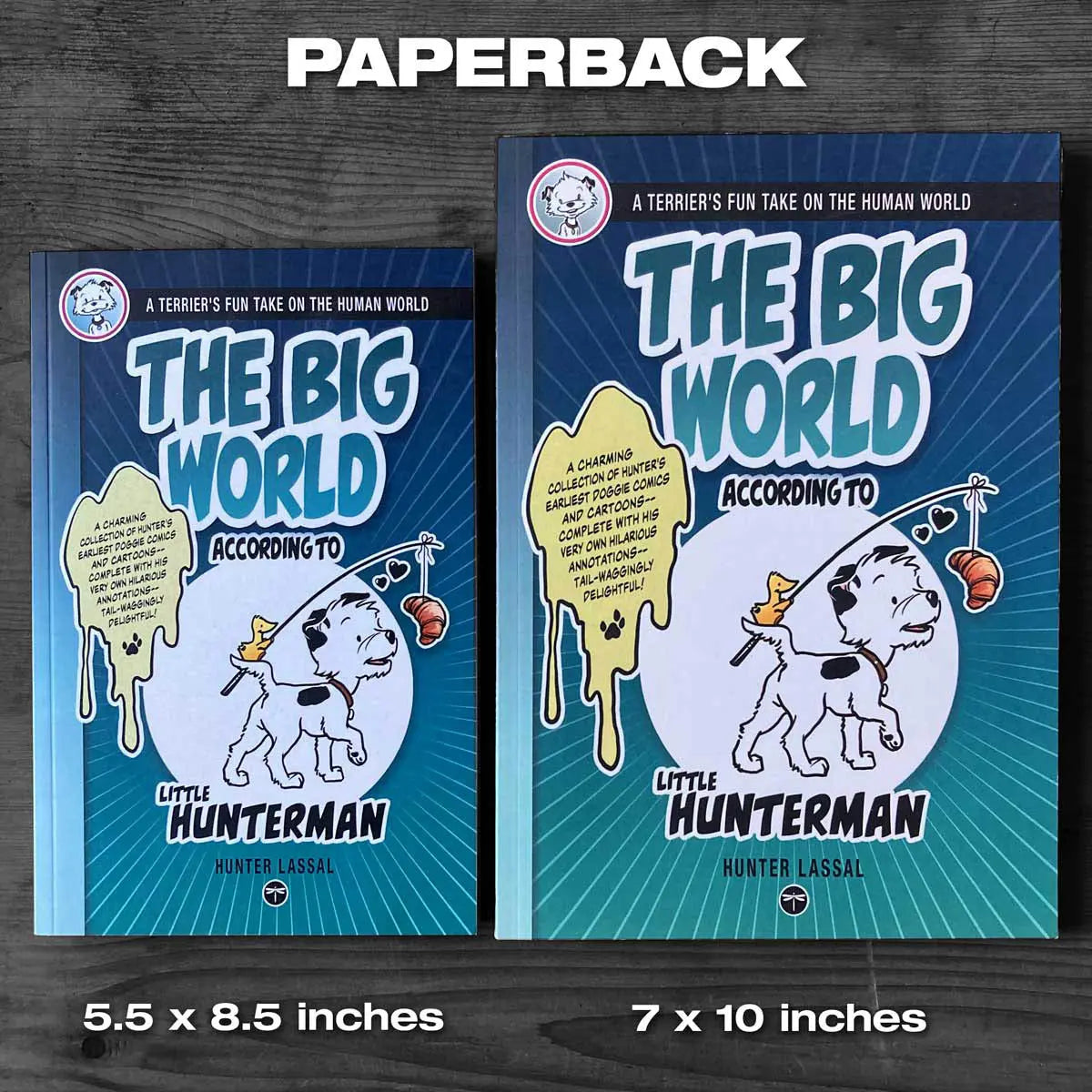 This image shows a size comparison between the standard and the premium versions of the Hunterman books.