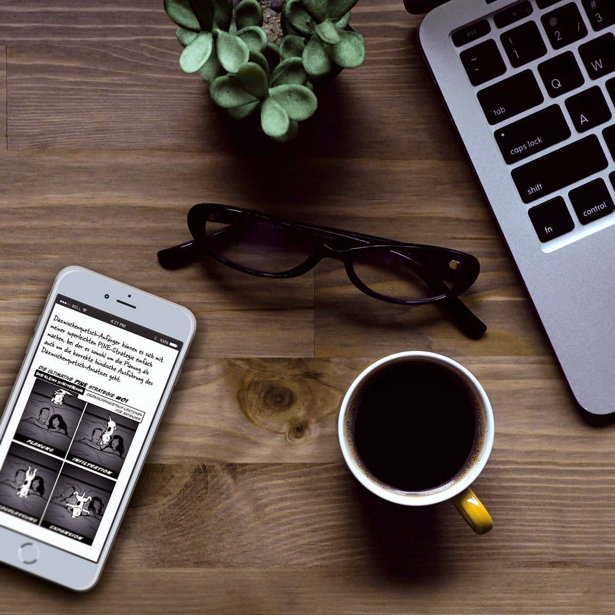 A smartphone showing a page of Hunter Lassal's eBook "Die große Welt des kleinen Huntermann"