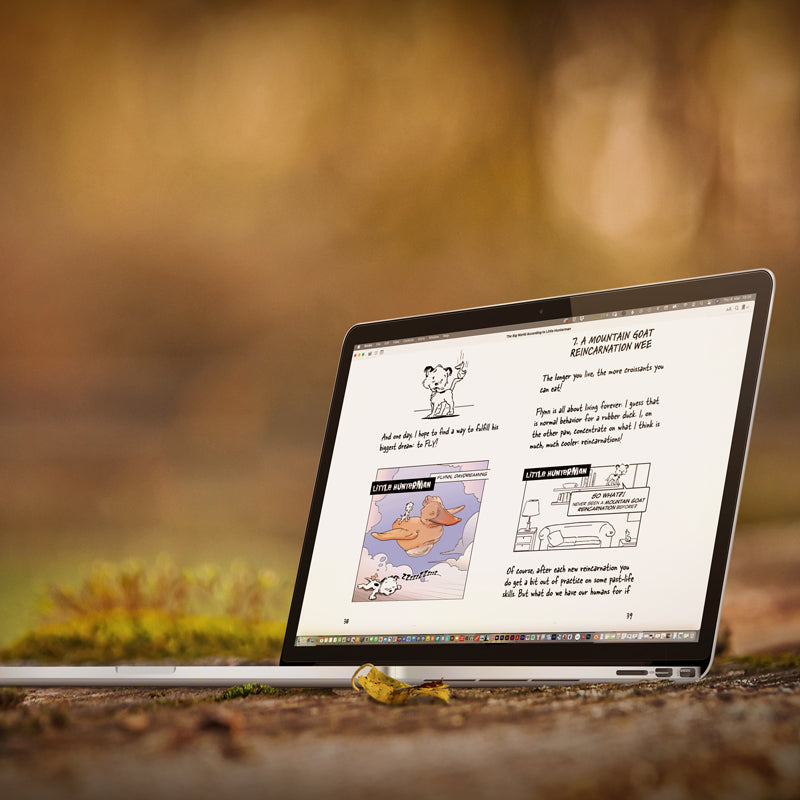 The Big World According to Little Hunterman CROISSANT edition ebook. Heartwarming and funny: An illustrated dog book about a little Parson Russell terrier's adventures in the human world. Perfect for dog lovers of any age. This picture shows a MacBook with the book open in the reading app.