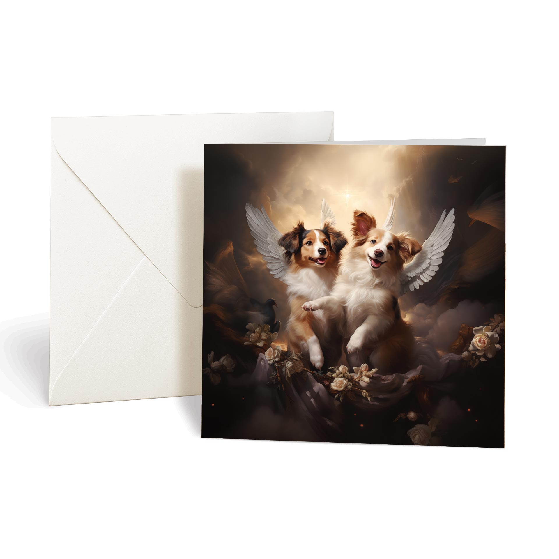 This product includes one A001-2 "Guardian Angel Dogs" greeting card from the Matchmaker Dogs design set. It comes with a 16x16cm envelope.
