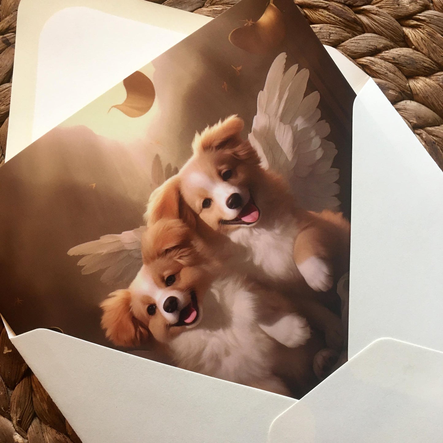 One of Flynn's 'Guardian Angel Dog' greeting card designs. Each card comes with an envelope.