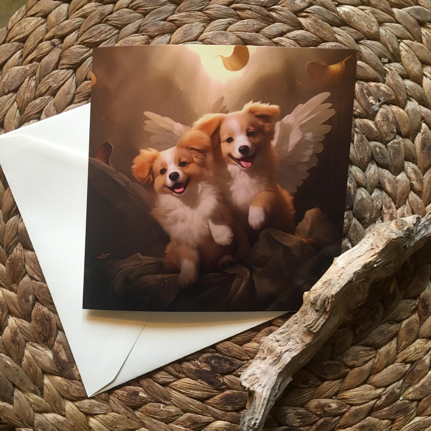 One of Flynn's 'Guardian Angel Dog' greeting card designs. Each card comes with an envelope. Detail.