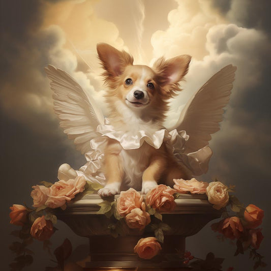 One of Flynn's 'Guardian Angel Dog' greeting card designs. Each card comes with an envelope. Detail.