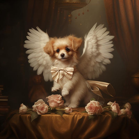 One of Flynn's 'Guardian Angel Dog' greeting card designs. Each card comes with an envelope. Detail.