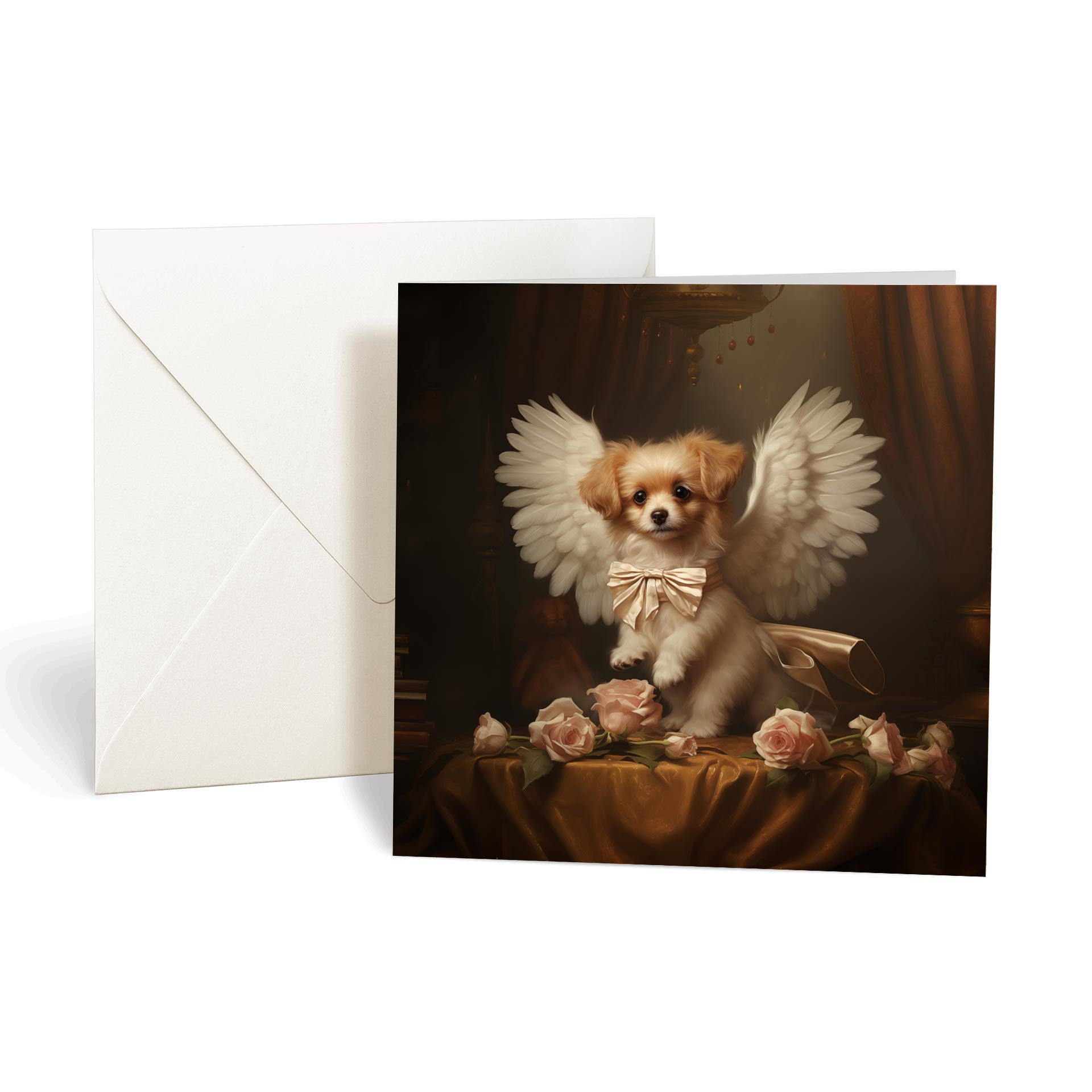 This product includes one A004-2 "Guardian Angel Dogs" greeting card from the Matchmaker Dogs design set. It includes a 16x16cm envelope.