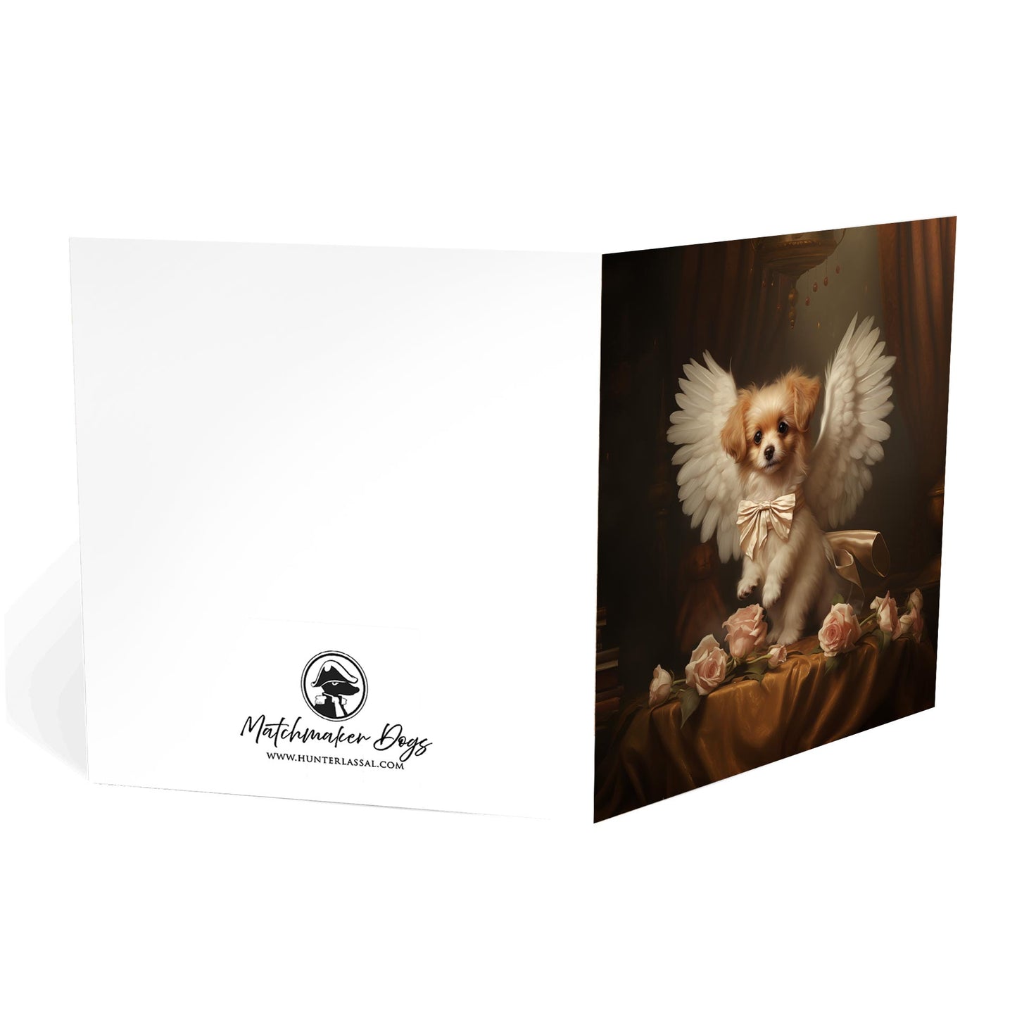 One of Flynn's 'Guardian Angel Dog' greeting card designs. Each card comes with an envelope. Detail.
