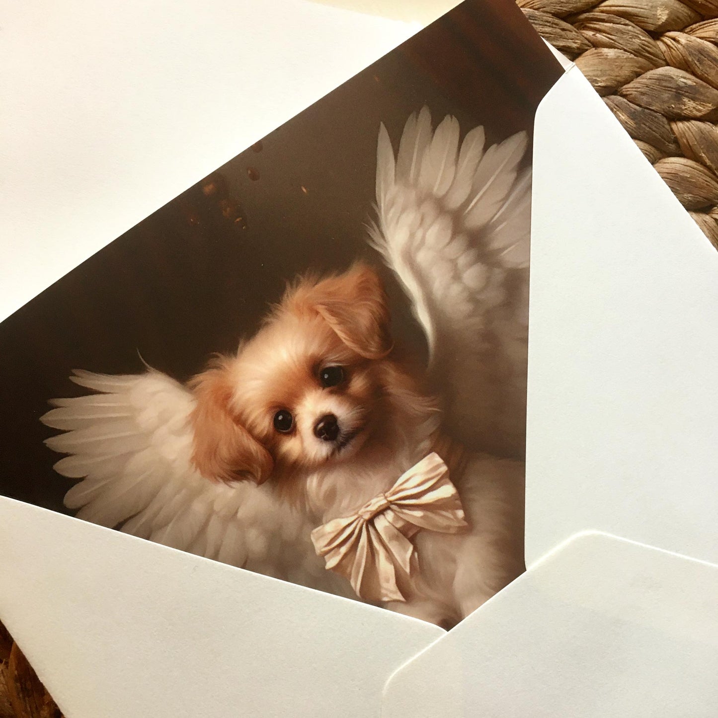 One of Flynn's 'Guardian Angel Dog' greeting card designs. Each card comes with an envelope. Detail.