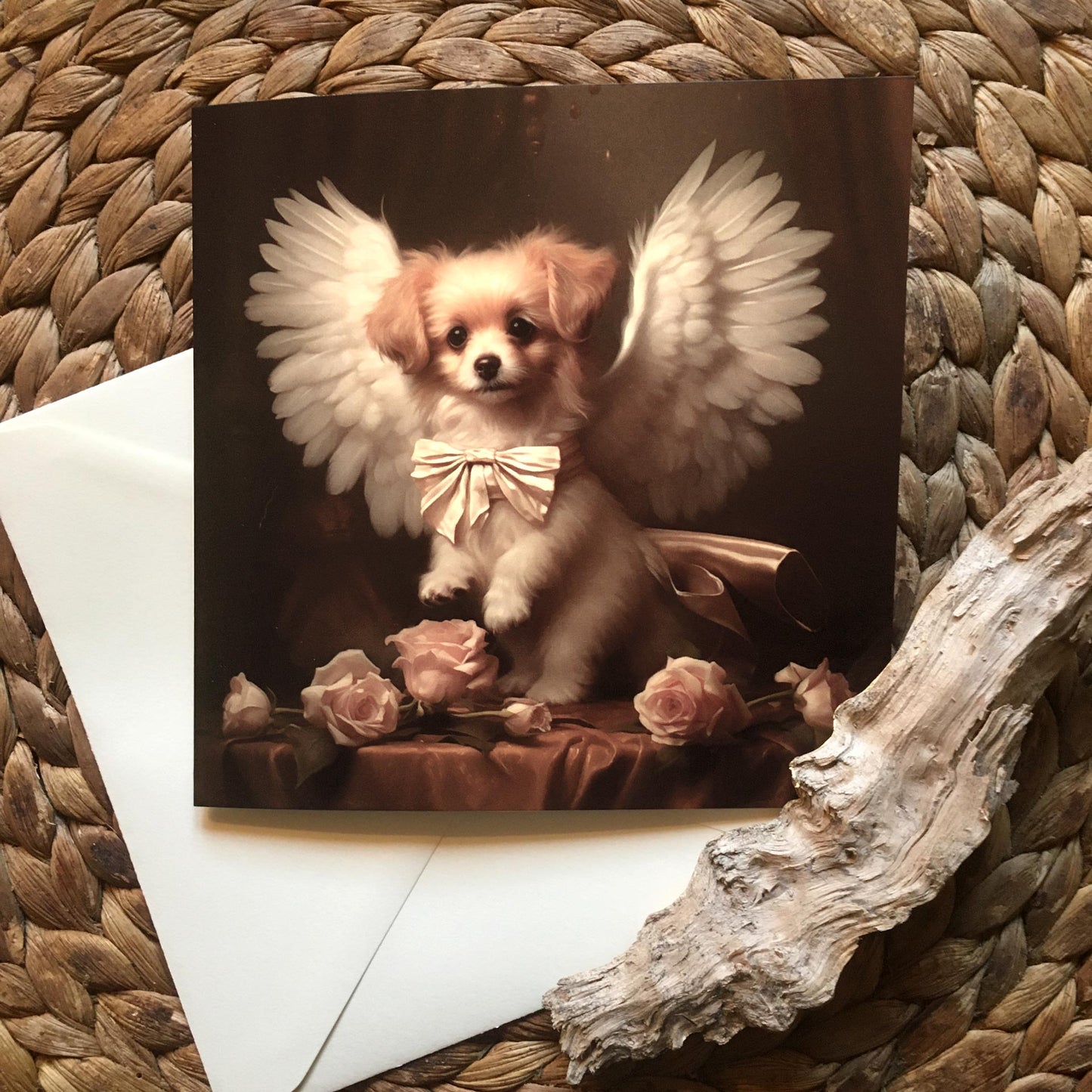 One of Flynn's 'Guardian Angel Dog' greeting card designs. Each card comes with an envelope. Detail.