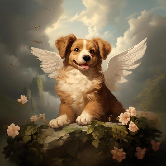 One of Flynn's 'Guardian Angel Dog' greeting card designs. Each card comes with an envelope. Detail.