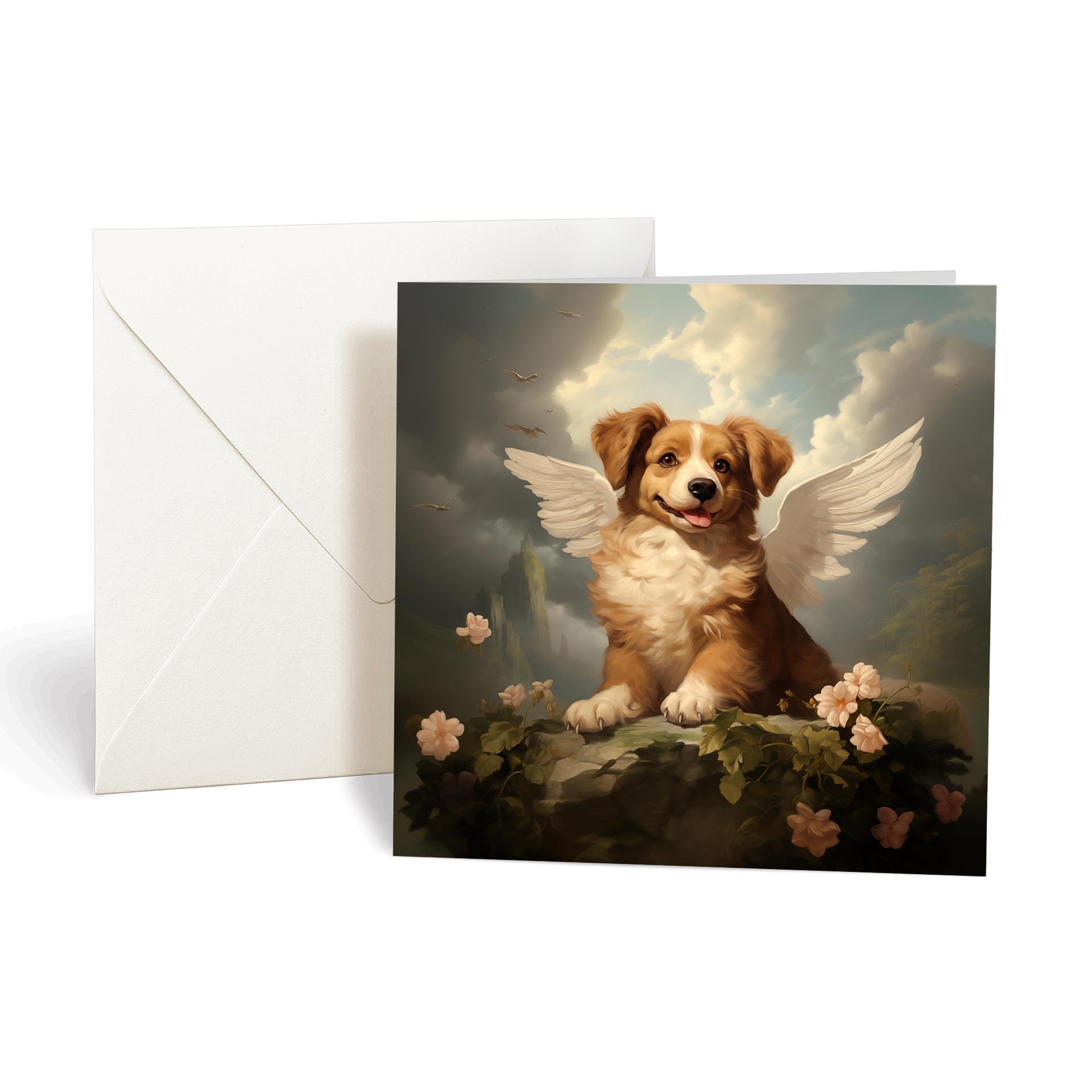 This product includes one A005-2 "Guardian Angel Dogs" greeting card from the Matchmaker Dogs design set. It includes a 16x16cm envelope.