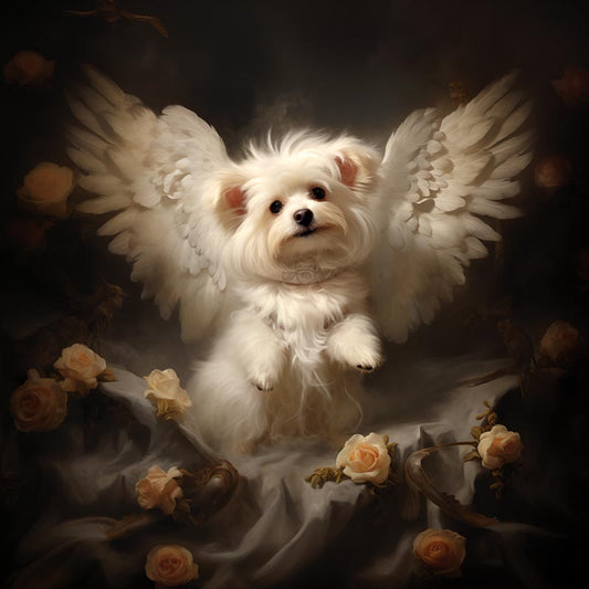 One of Flynn's 'Guardian Angel Dog' greeting card designs. Each card comes with an envelope. Detail.