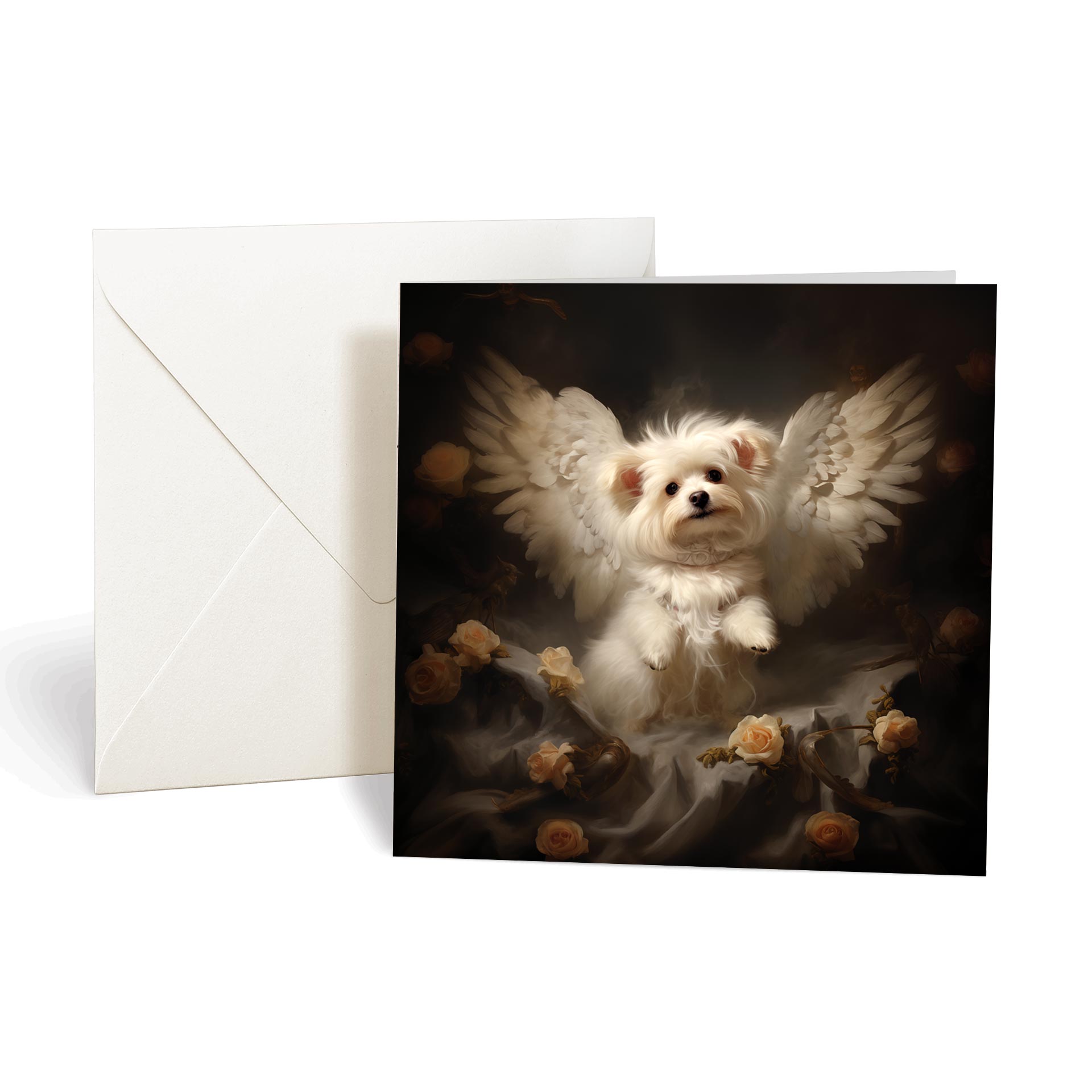This product includes one A006-2 "Guardian Angel Dogs" greeting card from the Matchmaker Dogs design set. It includes a 16x16cm envelope.