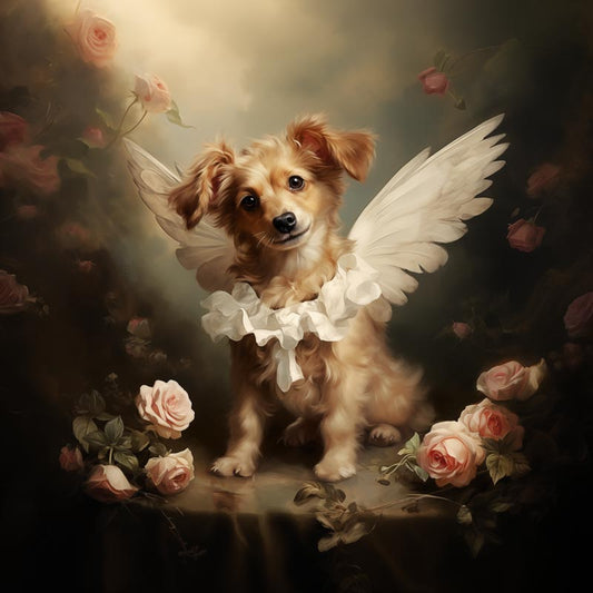 One of Flynn's 'Guardian Angel Dog' greeting card designs. Each card comes with an envelope. Detail.
