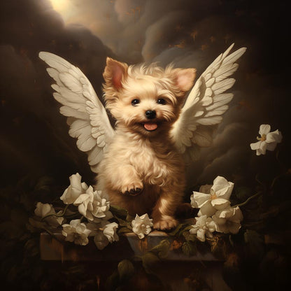 One of Flynn's 'Guardian Angel Dog' greeting card designs. Each card comes with an envelope. Detail.