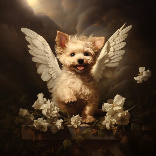 One of Flynn's 'Guardian Angel Dog' greeting card designs. Each card comes with an envelope. Detail.