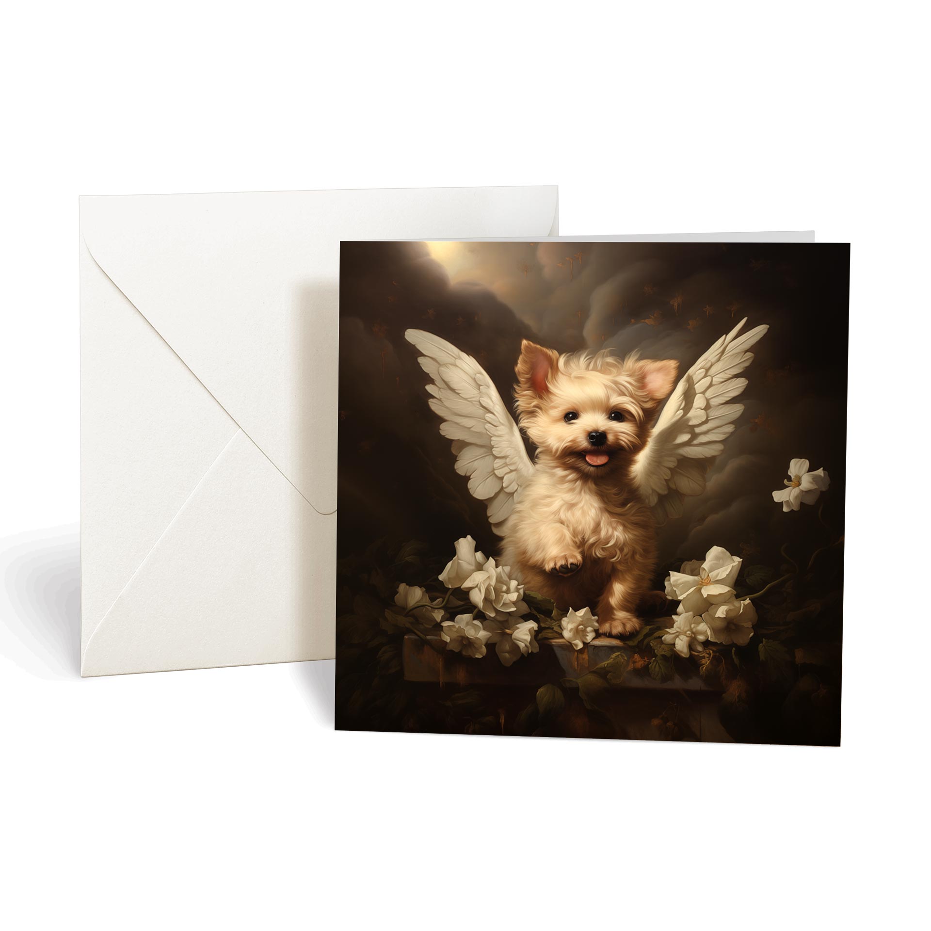 This product includes one A008-2 "Guardian Angel Dogs" greeting card from the Matchmaker Dogs design set. It includes a 16x16cm envelope.