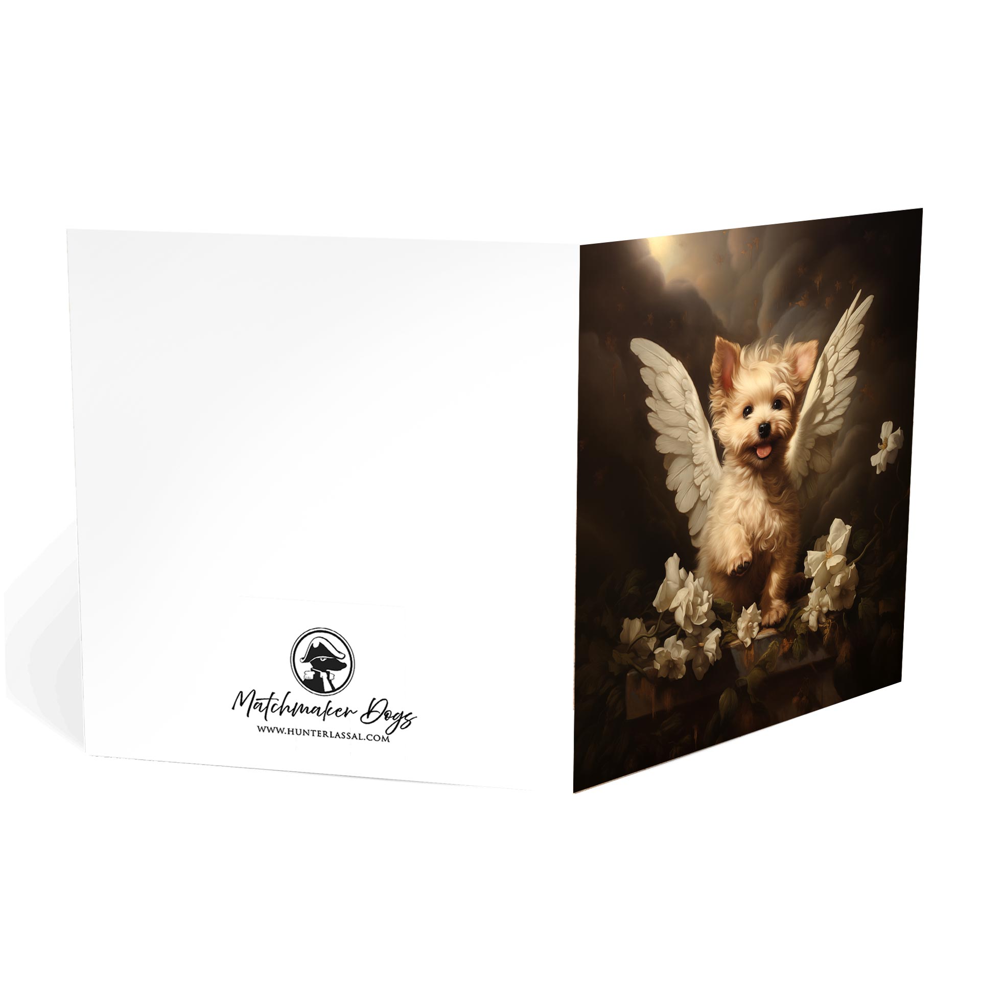 One of Flynn's 'Guardian Angel Dog' greeting card designs. Each card comes with an envelope. Detail.
