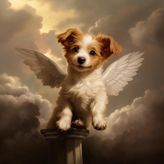 One of Flynn's 'Guardian Angel Dog' greeting card designs. Each card comes with an envelope. Detail.