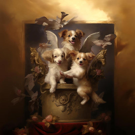 One of Flynn's 'Guardian Angel Dog' greeting card designs. Each card comes with an envelope. Detail.