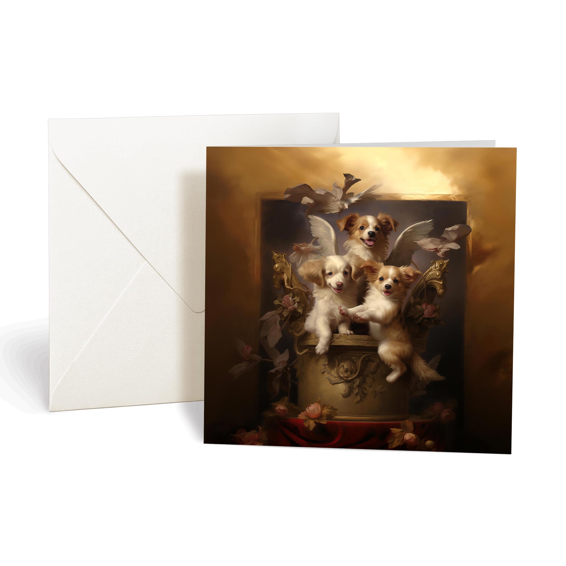 This product includes one A010-2 "Guardian Angel Dogs" greeting card from the Matchmaker Dogs design set. It includes a 16x16cm envelope.