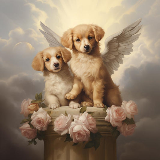 One of Flynn's 'Guardian Angel Dog' greeting card designs. Each card comes with an envelope. Detail.