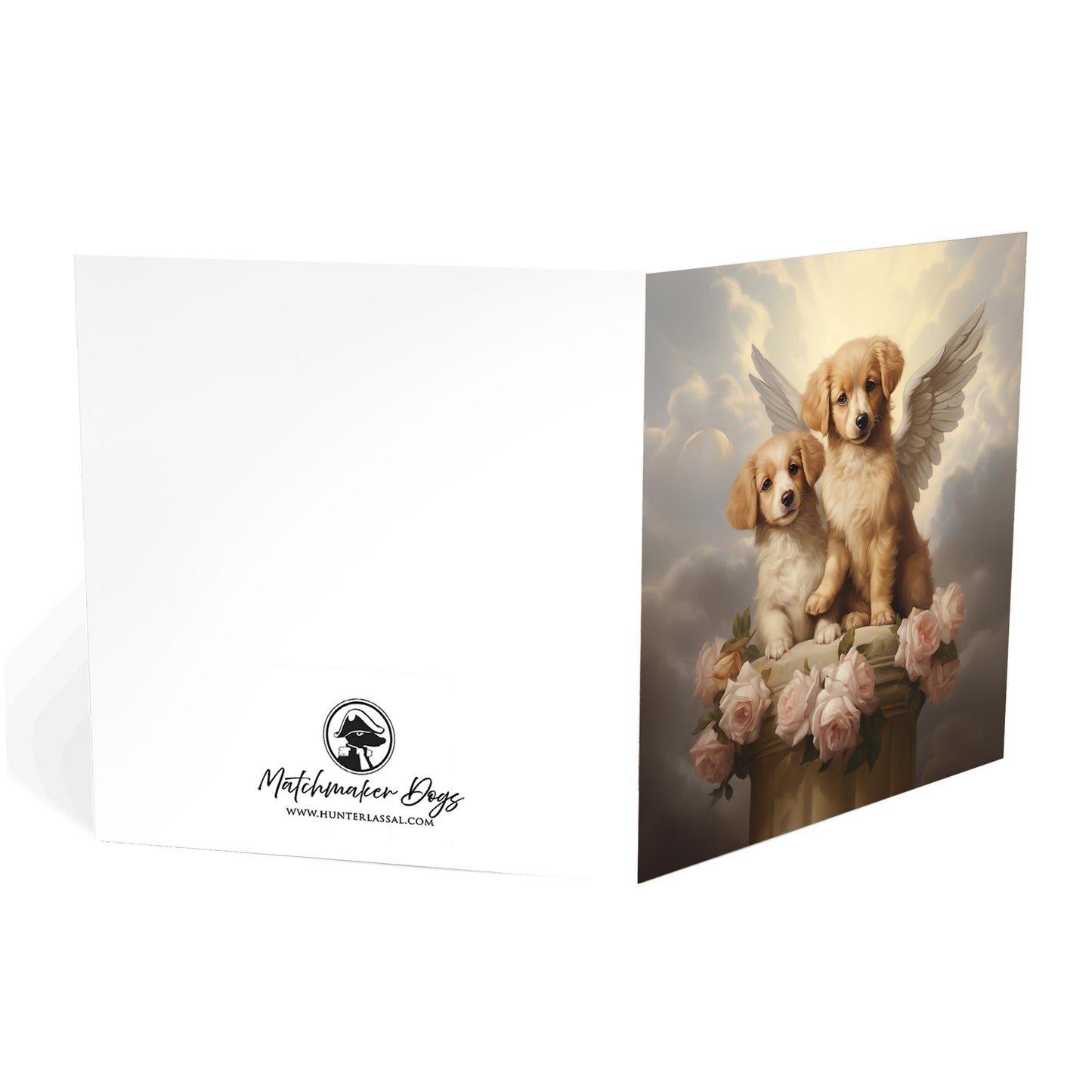 One of Flynn's 'Guardian Angel Dog' greeting card designs. Each card comes with an envelope. Detail.