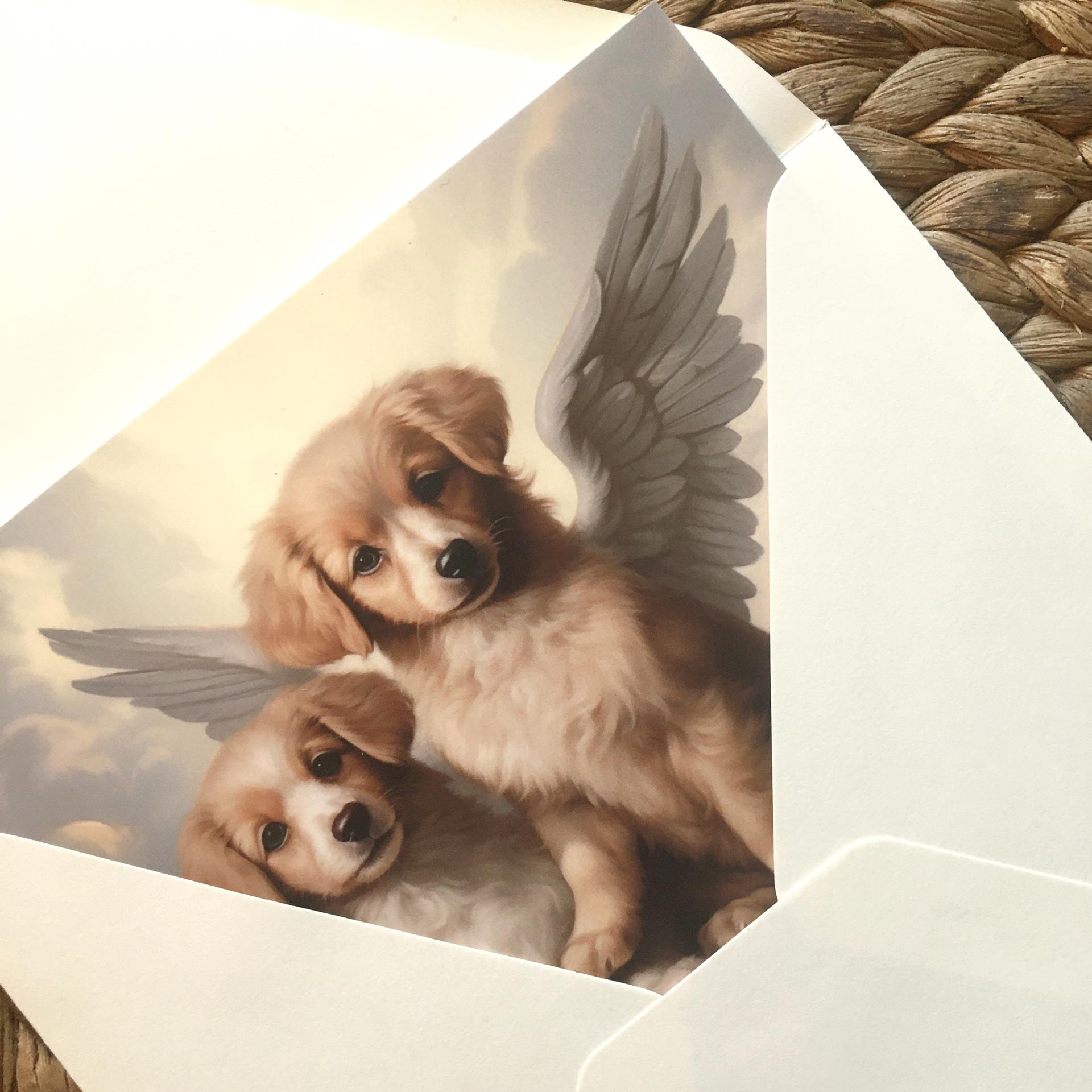 One of Flynn's 'Guardian Angel Dog' greeting card designs. Each card comes with an envelope. Detail.