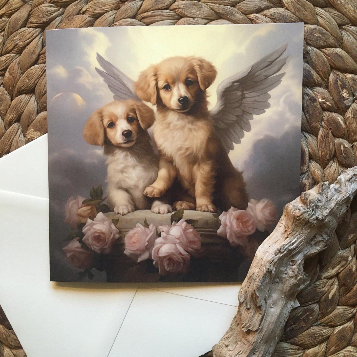 One of Flynn's 'Guardian Angel Dog' greeting card designs. Each card comes with an envelope. Detail.