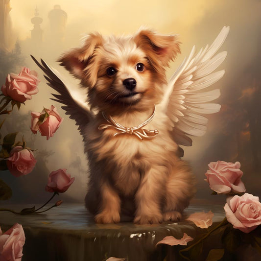 One of Flynn's 'Guardian Angel Dog' greeting card designs. Each card comes with an envelope. Detail.