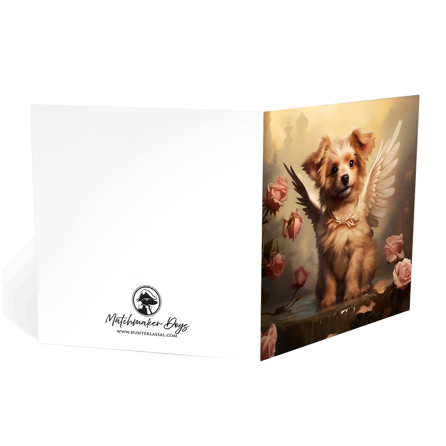 One of Flynn's 'Guardian Angel Dog' greeting card designs. Each card comes with an envelope. Detail.