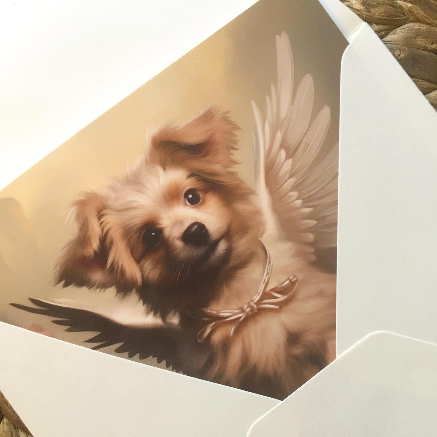One of Flynn's 'Guardian Angel Dog' greeting card designs. Each card comes with an envelope. Detail.