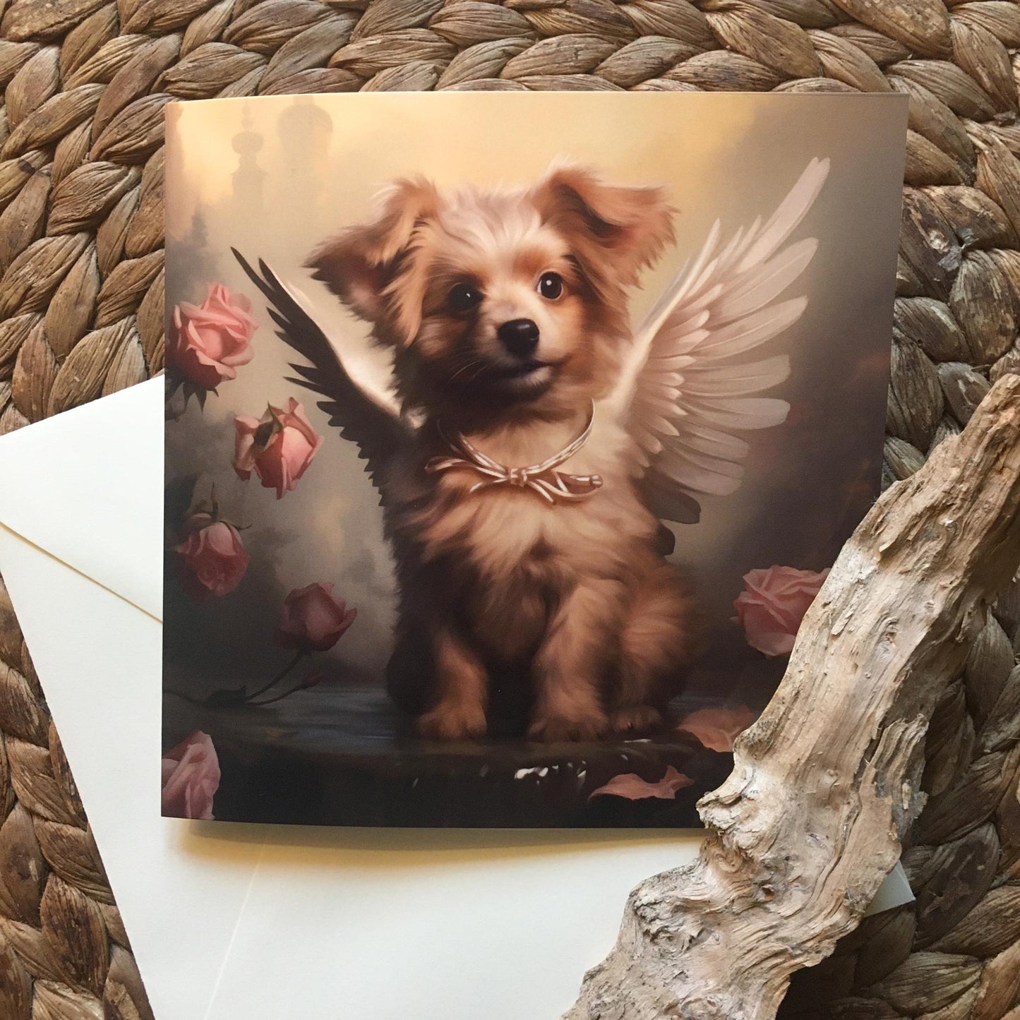 One of Flynn's 'Guardian Angel Dog' greeting card designs. Each card comes with an envelope. Detail.