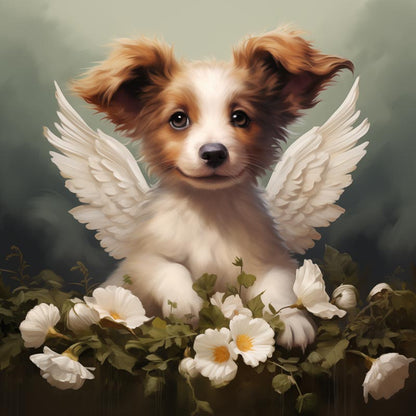 One of Flynn's 'Guardian Angel Dog' greeting card designs. Each card comes with an envelope. Detail.