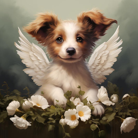 One of Flynn's 'Guardian Angel Dog' greeting card designs. Each card comes with an envelope. Detail.