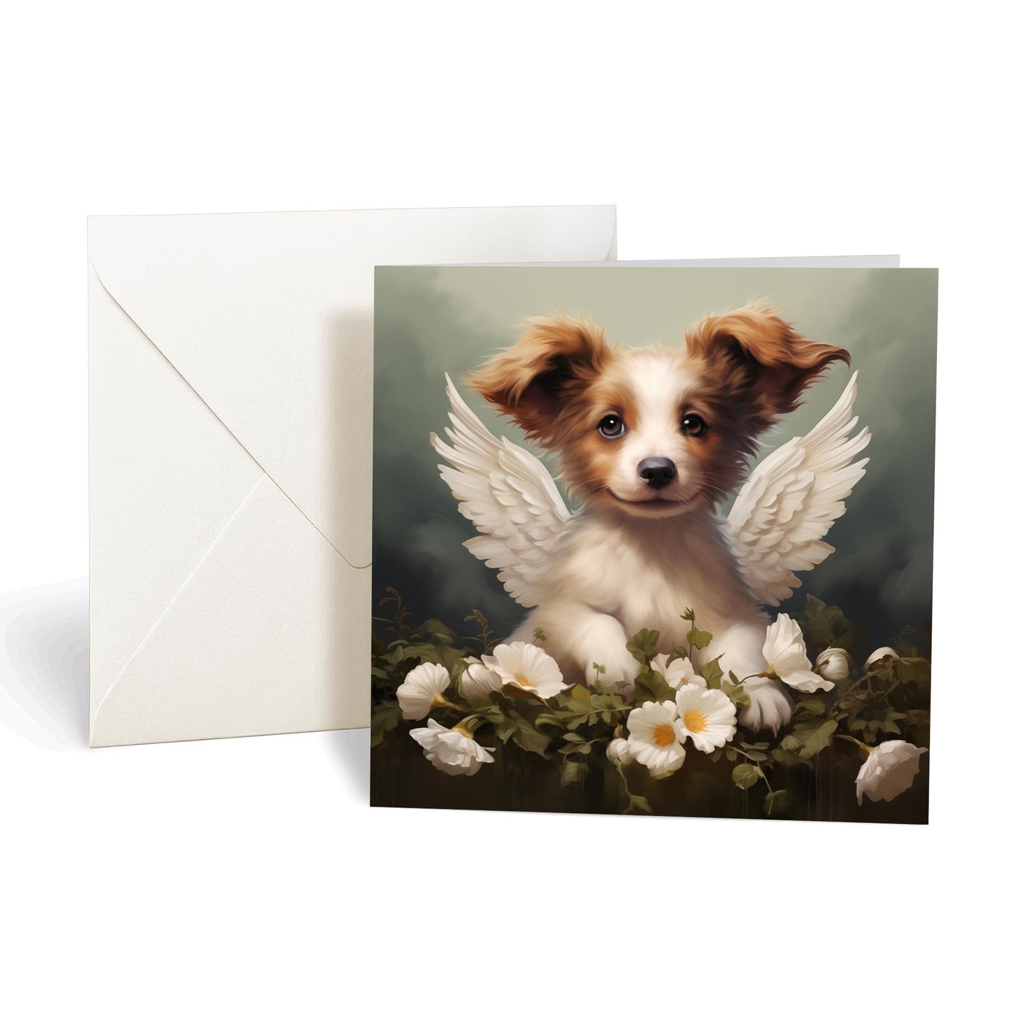 This product includes one A013 "Guardian Angel Dogs" greeting card from the Matchmaker Dogs design set. It includes a 16x16cm envelope.