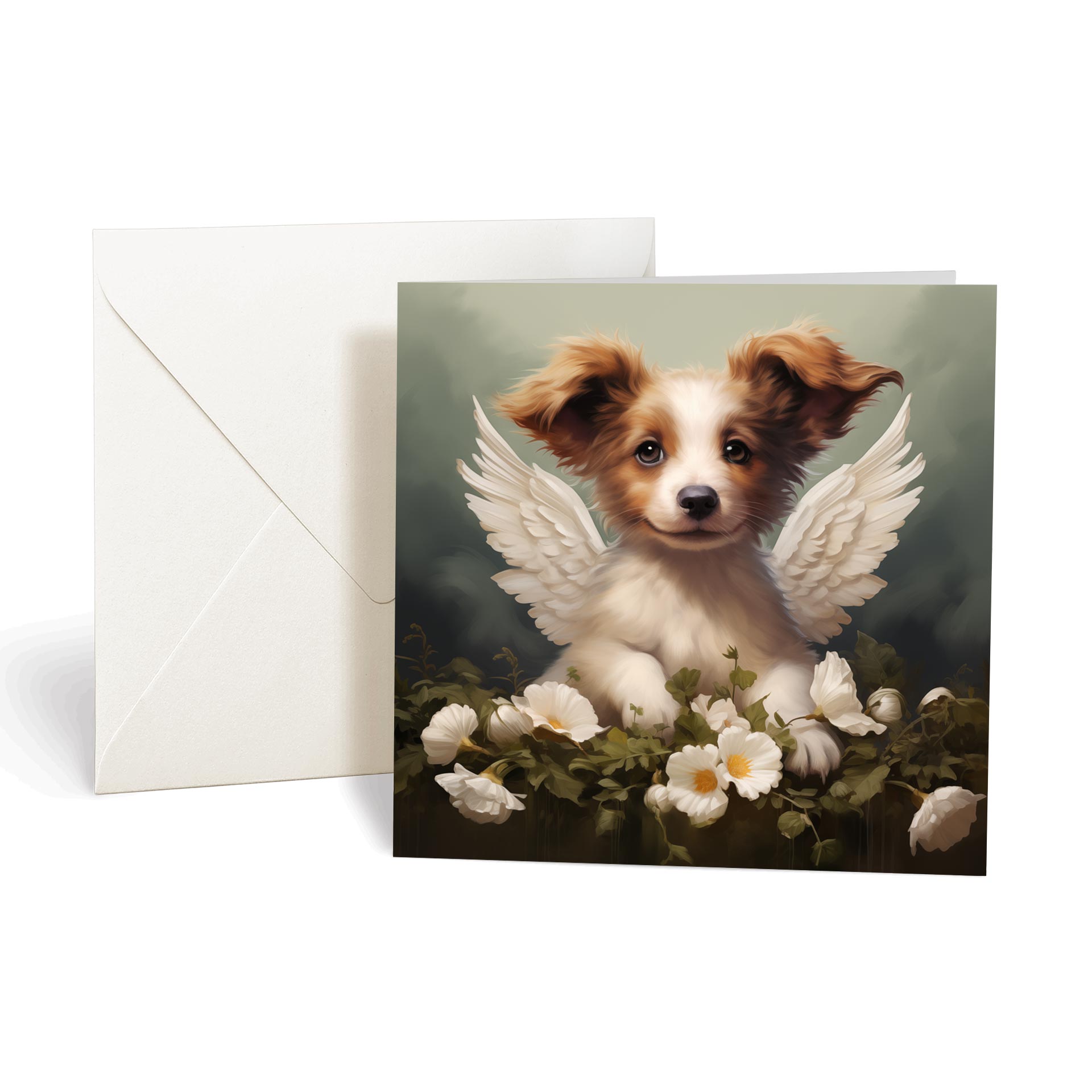 This product includes one A013 "Guardian Angel Dogs" greeting card from the Matchmaker Dogs design set. It includes a 16x16cm envelope.